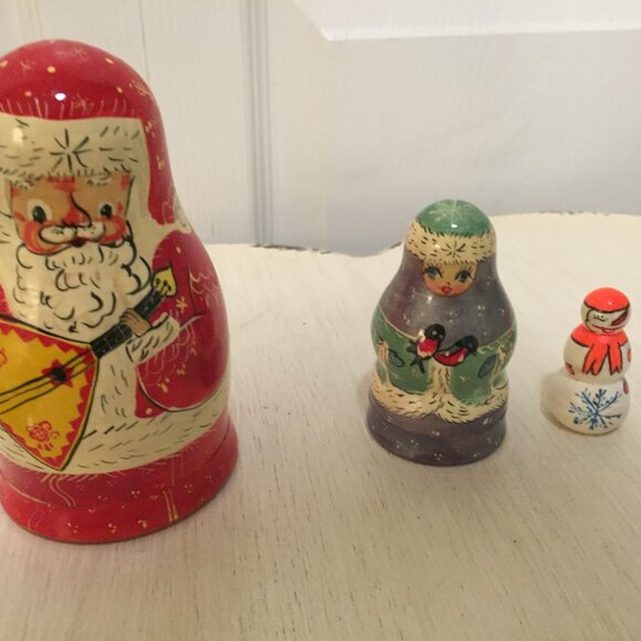 3 Vintage Santa/Snowman/Winter Lady w/Birds Nesting Dolls - Picture 1 of 13